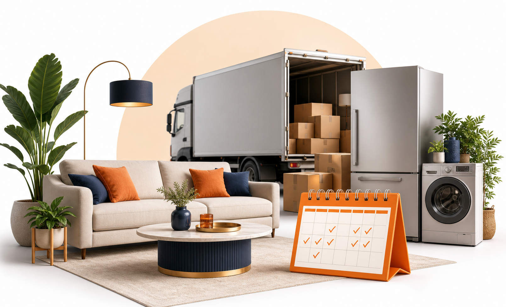 NestReady rental process with sofa appliances calendar and delivery truck